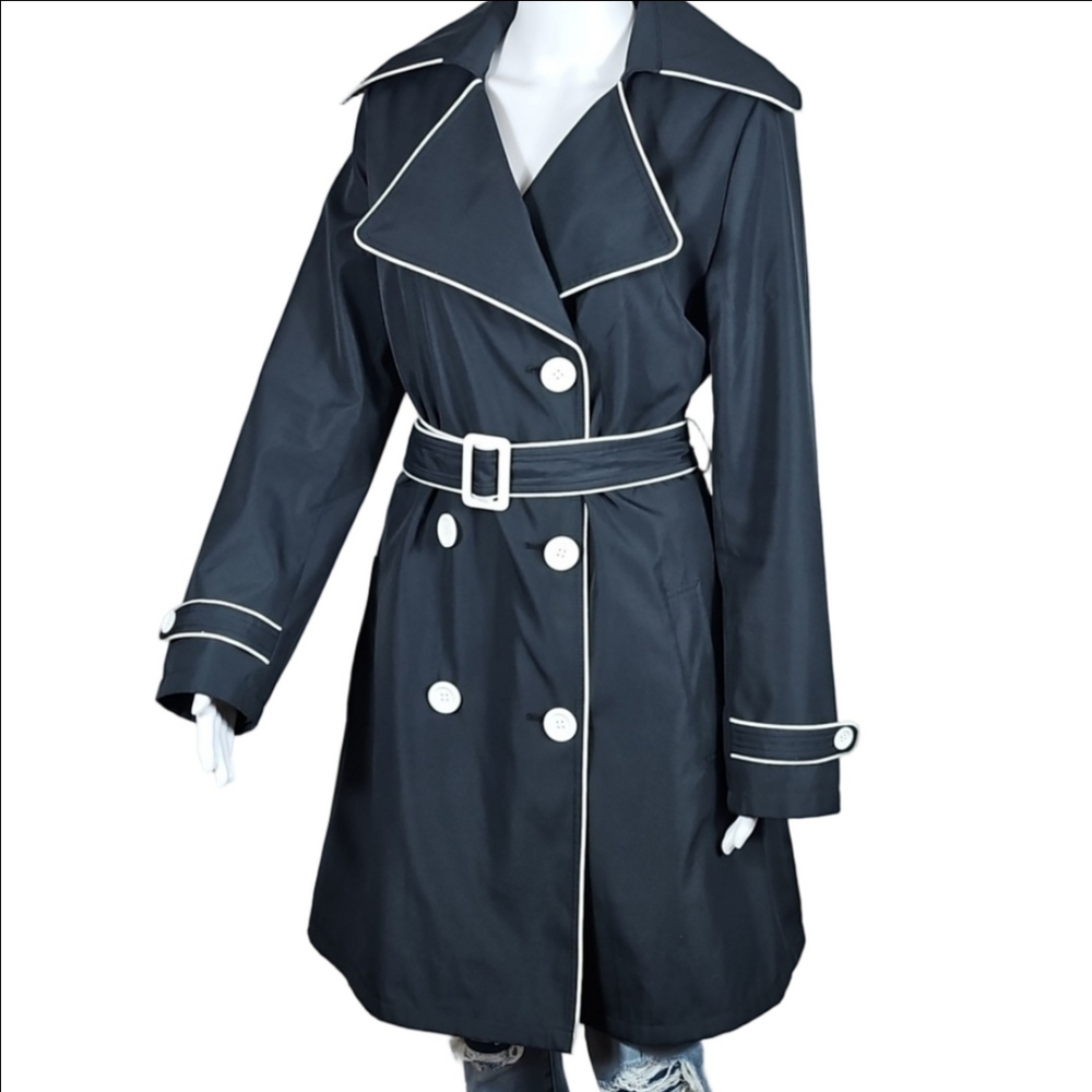 Vintage 90s Y2K Vertigo Paris Black Mod Trench Coat w White Piping & Wide Lapel